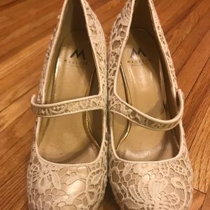 COPY - White and beige lace Mary Jane cork wedge heels.